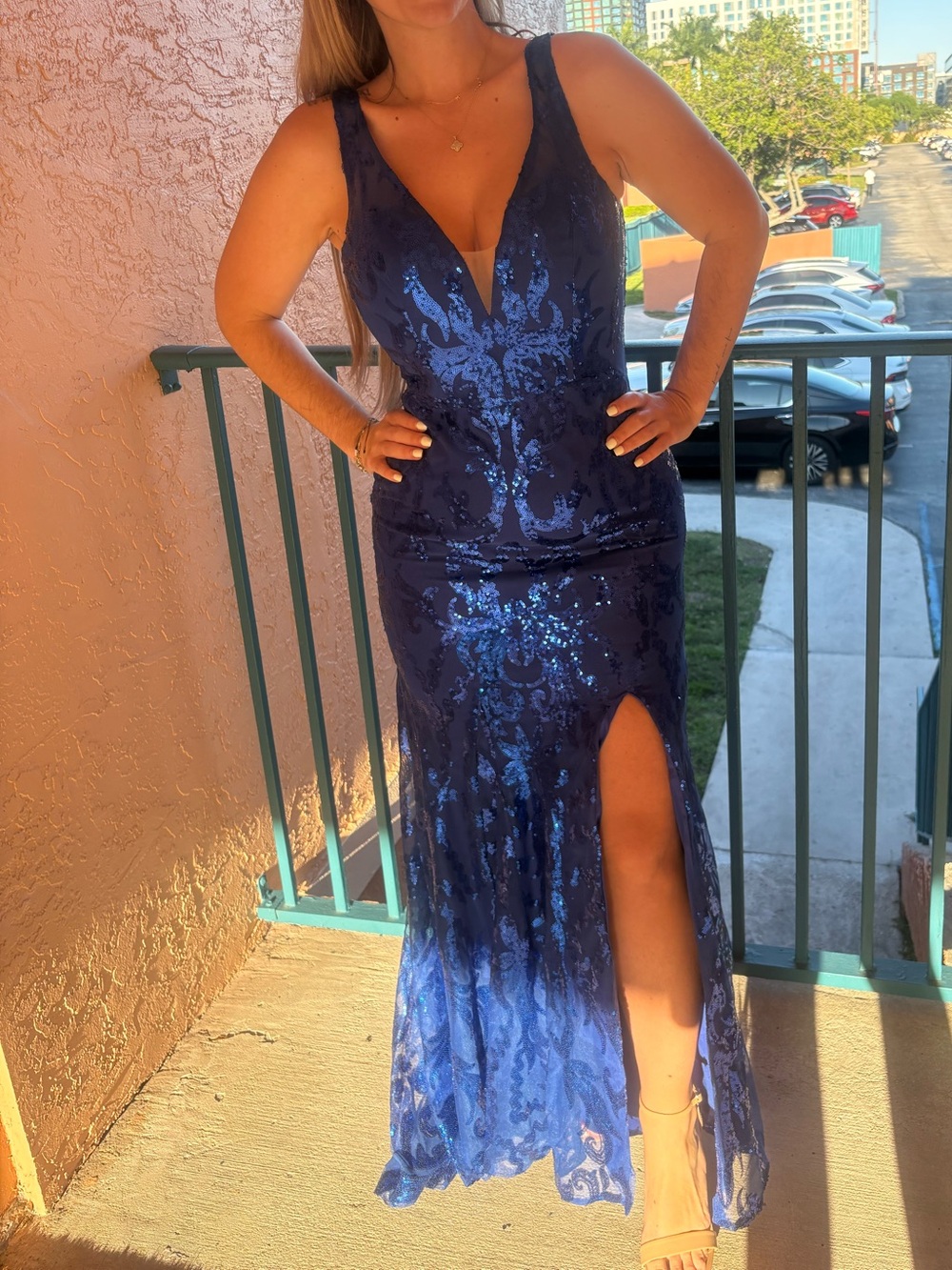 Navy Sequin V-Neck Evening Gown with Thigh Slit